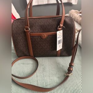 Michael Kors Brown Logo Dome Satchel with Tan Trim